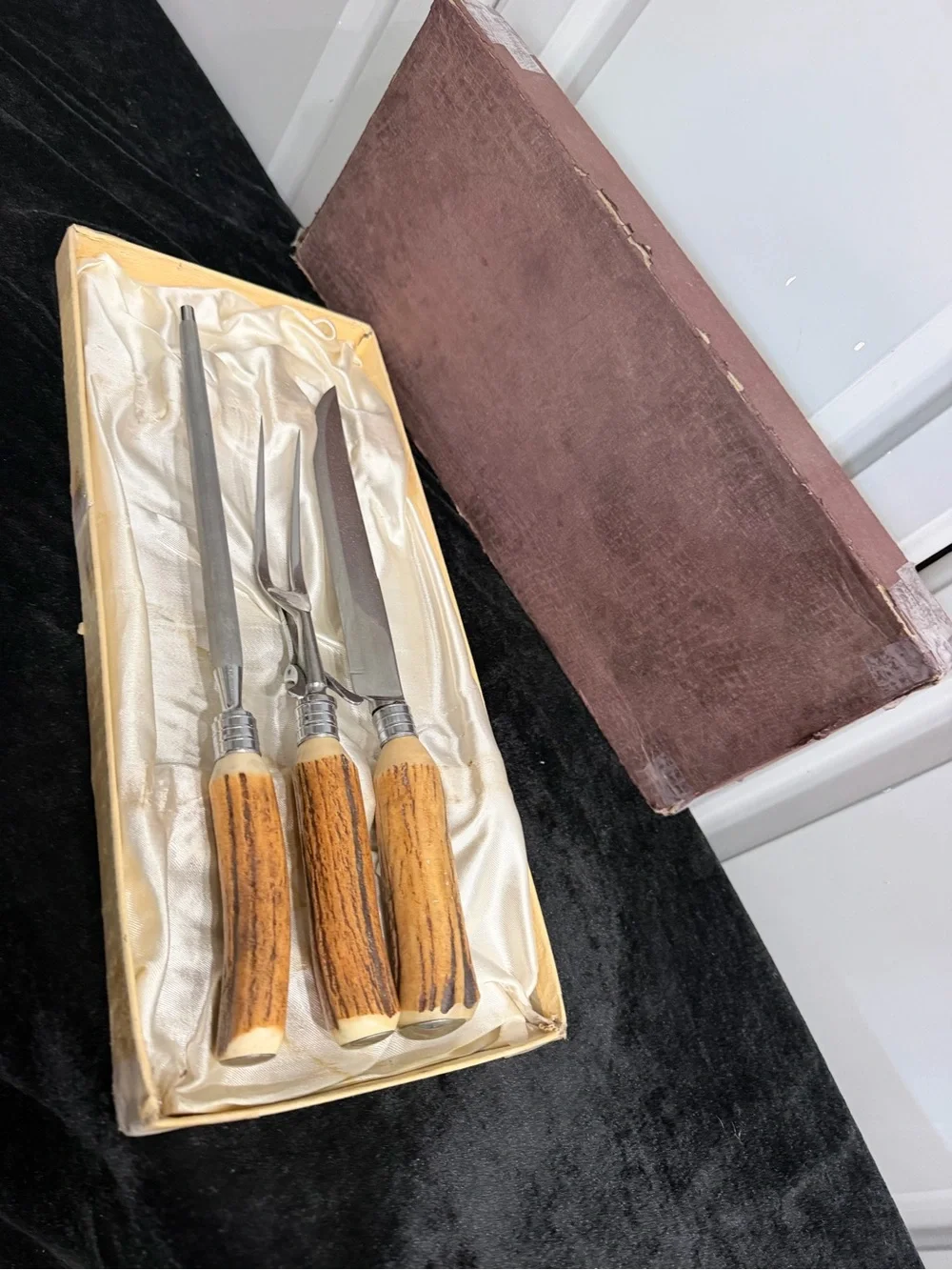 Vintage Sheffield Carving Set Rusnorstain Steel & Bone Brown Handles